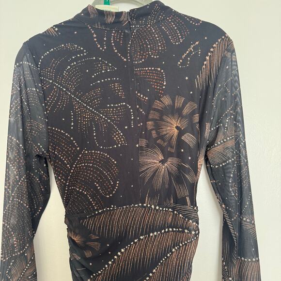 Farm Rio Black Golden Foliage Tulle Midi Dress - Picture 7 of 8